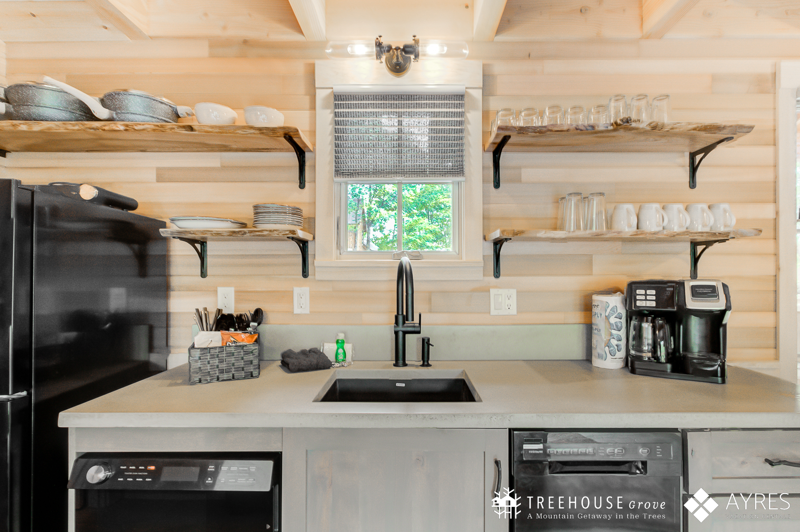 A cooking kitchen in a treehouse