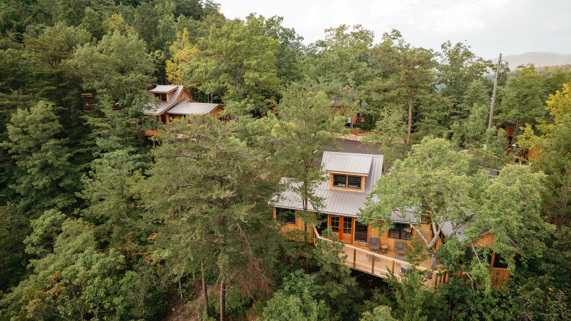 Bird's Eye View of Two Treehouses in the Forest Mountains